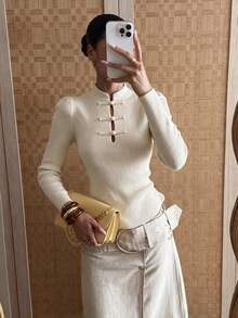 Women's Y2K Cream Beige Stand Collar Open Front Hollow Out Long Sleeve Slim Fit Ribbed Knit Sweater Top, Campus Style White Fall - White - View 5