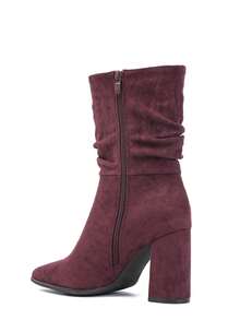 Mid-Calf Pleated Suede Ankle Boots With High Heels – - Burgundy - View 3