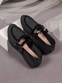1 Pair Women's Black Mary Jane Wedge Pumps, Double Buckle Shiny Strap Decor, Soft Fabric Material, Round Toe Comfortable Soft Sole, Vintage Commuter Style, Suitable For Office Work Commute Outfit, Autumn New Arrival - Black - View 7