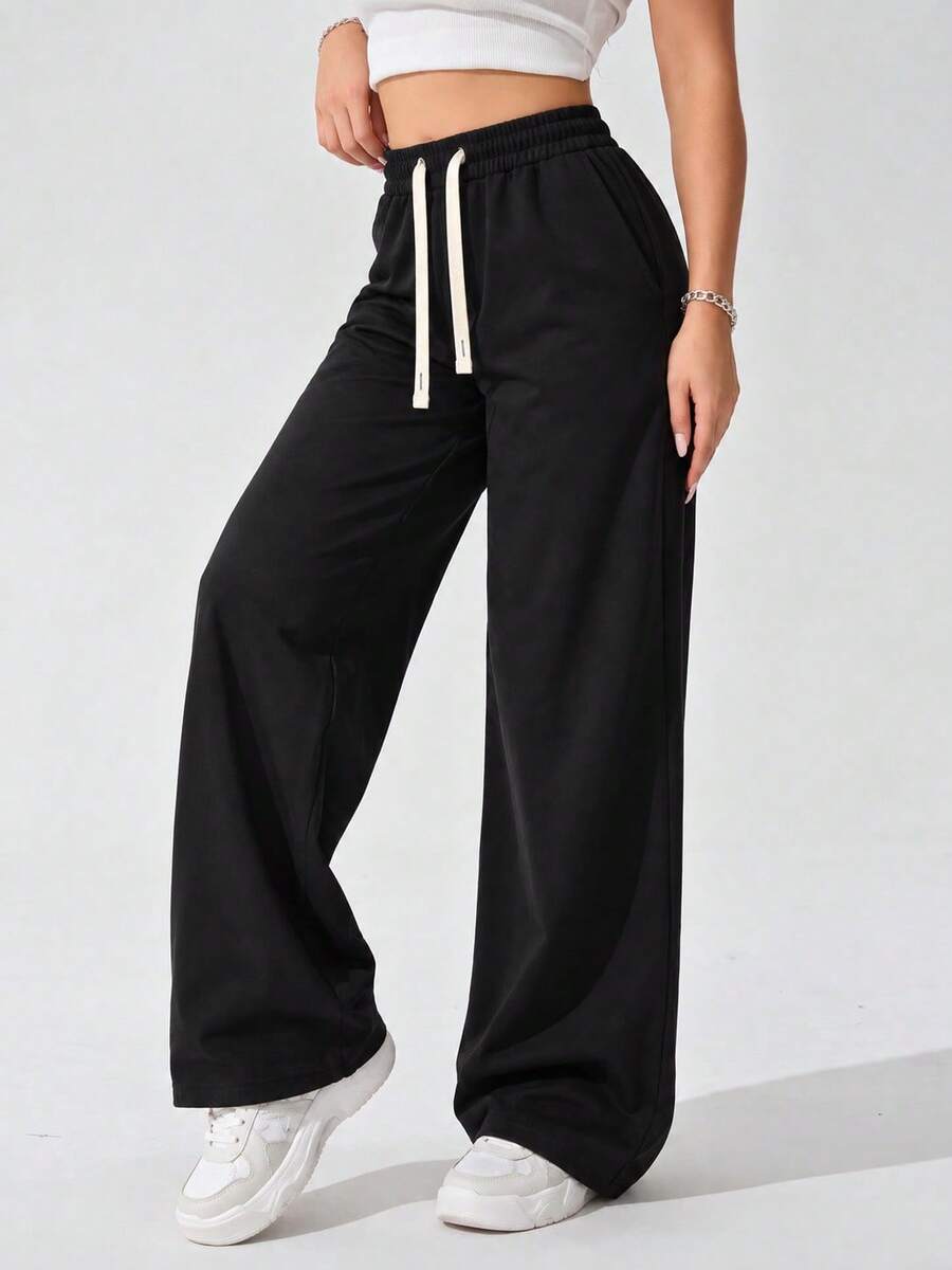 Women's Black Casual Wide Leg Pants Elastic Waist Adjustable Drawstring Relaxed Loose Fit Full Length Everyday Trousers - Black - View 1