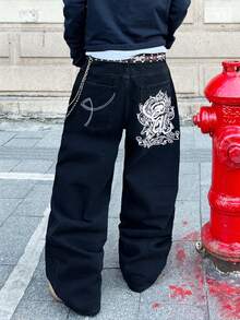 1pc Casual Loose Fit Embroidered Straight Leg Jeans, Versatile American Streetwear Style For Men, All Season (Excluding Belt And Accessories) - الأسود - مشاهدة 8