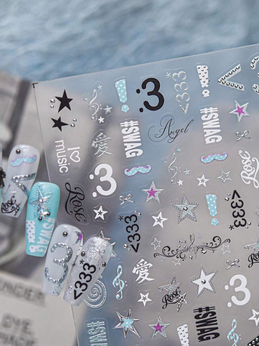 Y2K Star Note Nail Stickers, Silver Glitter Music Symbol Number 3 Swag Letter Nail Decals, Self Adhesive Nail Art Decorations For DIY Manicure - Multicolor - View 1