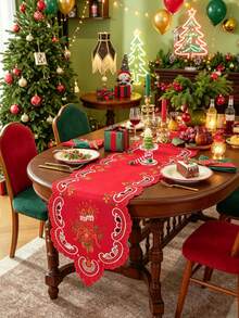 1pc 100% Polyester Embroidered Christmas Table Runner, Red Hollow Cutwork Candle Design Table Scarf, Xmas Holiday Dining Table Centerpiece Decor - Red - View 11