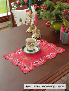 1pc 100% Polyester Embroidered Christmas Table Runner, Red Hollow Cutwork Candle Design Table Scarf, Xmas Holiday Dining Table Centerpiece Decor - Red - View 6