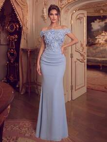 Women's Romantic Light Blue Chiffon Cold Shoulder Long Formal Mermaid Dress, Decorated With Exquisite 3D Floral Chest Embellishment And Lace-Up Back - Baby Blue - View 6