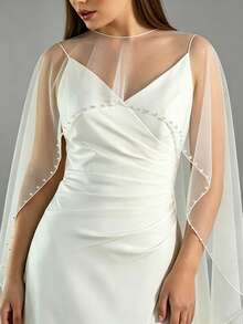 1pc Pure White Asymmetrical Front Short Back Long Tulle Shawl, Party Ball Wedding Accessory Cape, Strapless Shawl Cloak - Multicolor - View 2