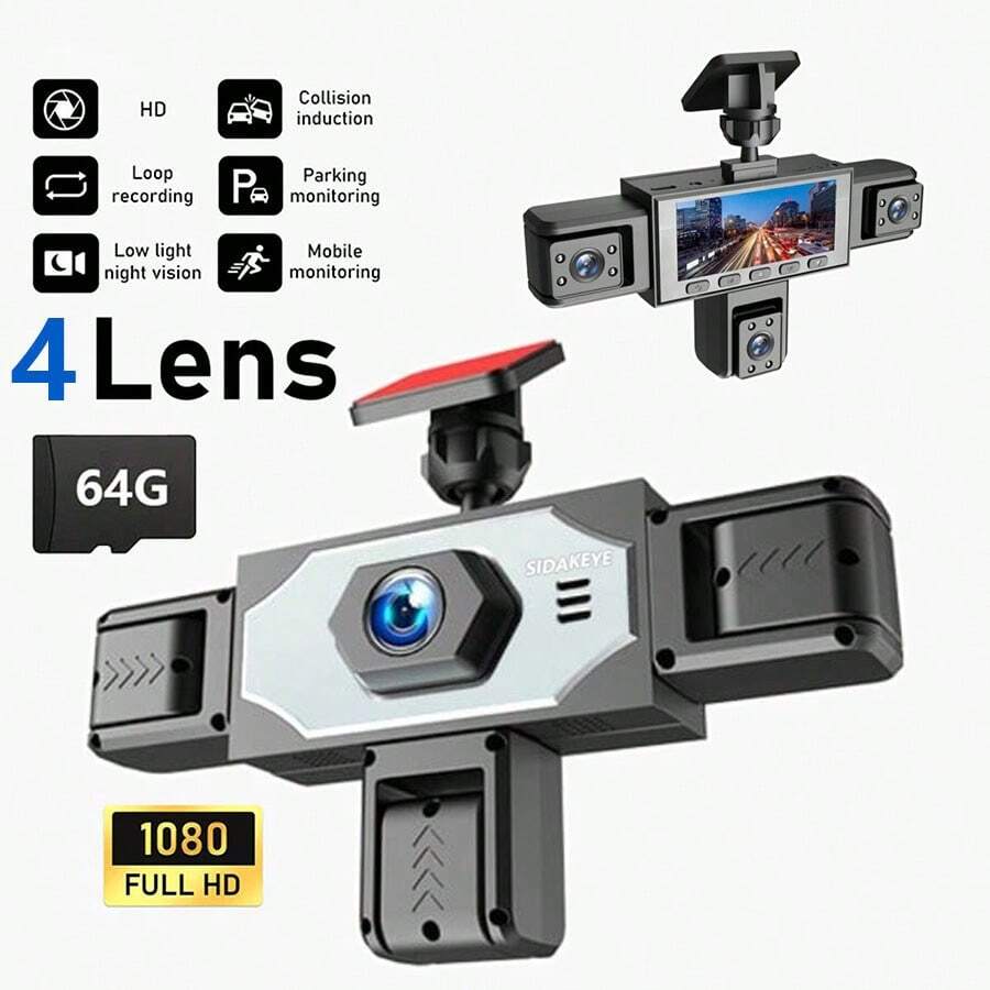 Kamera Dasbor SIDAKEYE 360° Panorama 5 Saluran (4 Lensa + Belakang) Kartu Memori 64G, Layar IPS 3,16 Inci, Kamera Depan 1080P, Kamera Depan/Tengah/Belakang/Kiri/Kanan Cakupan Penuh 720P, Tampilan Quad-View, Penglihatan Malam HD, Rentang Dinamis Lebar, Sensor G, Pengisian Daya USB, Baterai 150mAh - A - View 1