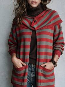 Women Striped Draped Collar Open Front Knit Cardigan, Long Sleeve Loose Fit Pocket Design Fall Casual Sweater Coat - Multicolor - View 2