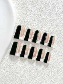 秋季 10片裝幾何拼接風手工穿戴甲 Polygel 美甲套組，黑白配色，俐落極簡風，3種尺寸可選，杏仁甲、鴨嘴甲、棺材甲，適合派對、舞會、日常配戴（手工細節可能有所不同） - 彩色 - 查看 20