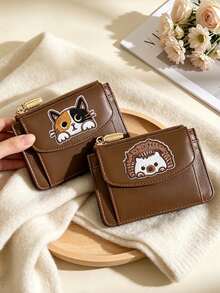 Retro Brown Wallet With Cute Animal Patch,PU Multi Card Holder,Zipper Coin Purse,Cute Cat Hedgehog Dog Card Wallet With Coin Pocket,Holiday Gifts - Multicolor - View 4