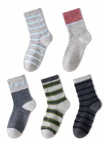 ZUJO 5 Pairs Women's Mid-Calf Dot Mesh Socks, Striped Pattern, Korean Vintage Colorblock Slouch Socks, Versatile Soft Comfortable, Suitable For Spring Autumn Winter Sports And Daily Wear - Multicolor - View 5