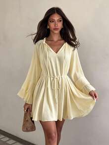Women's Solid Color Frill Trim Flare Sleeve Fashion Casual Dress - Light Yellow - View 4