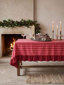 1pc Red And White Thin Striped With Burgundy Ruffle Edge Tablecloth, Christmas Baking Style Fabric Material, Rectangular Burgundy Ruffle Edge Patchwork Detail, Stain-Resistant Protection And Decorative Function For Home Long Table, Suitable For Christmas Baking Decor And Holiday Kitchen Scenes - Red - View 4