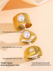 3pcs 18k Gold Plated Stainless Steel Vintage Sun Pattern Pearl Open Rings For Women - Gold - View 3