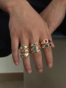 8 buah Cincin Emas Batu Permata Berwarna-warni Bertekstur Vintage, Cincin Pita Lebar Bergaya Antik dengan Rhinestone Berwarna-warni, Aksesori Perhiasan Tangan Unisex yang Dapat Ditumpuk dan Dipersonalisasi - Emas - View 4
