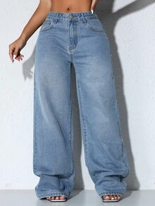 Low Waist Wide Leg Casual Blue Slanted Pocket Curved Women'S Jeans Fall Clothes - Dusty Blue - View 4