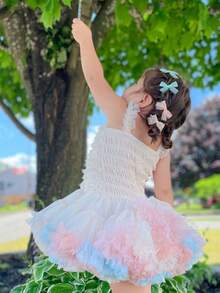 1件女童/嬰兒可愛甜美公主風優雅蕾絲細肩帶芭蕾舞裙洋裝，厚澎澎蛋糕網紗裙，派對禮服，生日、節日、慶典，四季皆宜 - 米色 - 查看 3