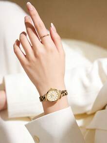 SUNLIFEX 1件女士優雅復古石英手錶，金色合金錶殼，金色圓形錶盤，豹紋金屬網狀錶帶輕奢手錶 - 金色 - 查看 5