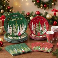 10/20/50/80 Pcs,Winter Holiday Merry Christmas Disposable Tableware Set,Red Green Christmas Tree Pattern 7 Inch & 9 Inch Paper Plates Napkins And 9oz Cups,Party Decor Supplies For Pre-Xmas Family Feast,Winter Solstice Dinner - Multicolor - View 3