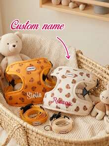 Custom Embroidered Name Dog Harness And Leash Set, Cute Bear Print Personalized Pet Vest Harness For Small Dogs, Adjustable Soft Puppy Walking Leash Kit, Customized Dog Gift - Multicolor - View 1