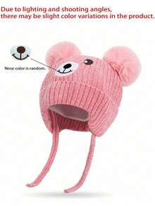 1pc Baby Ear Flap Buckle Design, Cartoon Bear Pom-Pom, Warm And Stylish Ribbed Winter Knitted Hat For Infants. - Multicolor - View 10