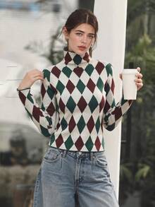Pull col roulé slim fit décontracté en maille à imprimé argyle pour femmes, manches longues, motif Noël/vacances d'automne/hiver, t-shirt pour le quotidien - Multicolore - Voir 6
