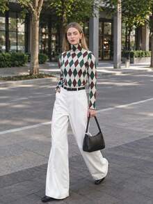 Pull col roulé slim fit décontracté en maille à imprimé argyle pour femmes, manches longues, motif Noël/vacances d'automne/hiver, t-shirt pour le quotidien - Multicolore - Voir 7