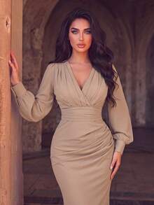 Women's Solid Color Pleated Elegant Waist-Cinching Evening Dress - Champagne - View 8