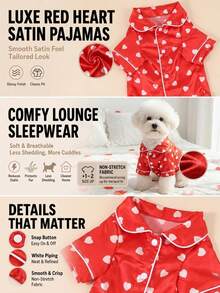Breathable Satin Pet Pajamas, Red Background Heart Print, Non-Elastic Dog Shirt, All-Season Puppy Teddy Home Wear, Size Runs Small, Recommend Buying 1-2 Sizes Up - Red - View 3