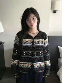 Fair Isle Jacquard V-Neck Knitted Cardigan Women's Vintage Floral Colorblock Loose Sweater Jacket Casual Top - Black - View 1