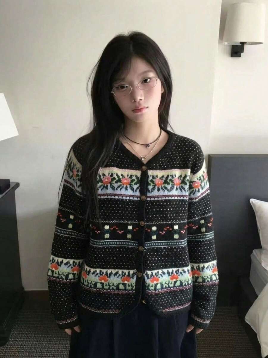 Fair Isle Jacquard V-Neck Knitted Cardigan Women's Vintage Floral Colorblock Loose Sweater Jacket Casual Top - Black - View 1