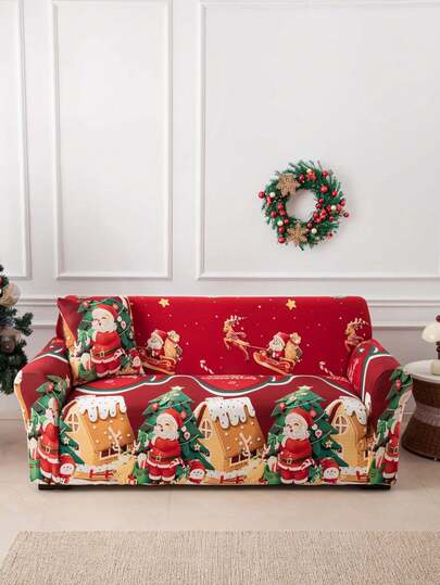 1pc Christmas Santa Claus Sofa Cover, Anti-Scratch & Anti-Bite For Cats And Dogs, Elastic Spandex Sofa Protector For Living Room, Chaise Lounge, L-Shaped Sofa, Full Cover For 1/2/3/4 Seater