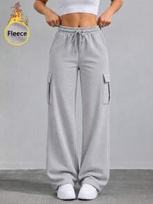 Women's High Waist Thermal Lined Cargo Sweatpants With Drawstring Elastic Waist And Side Pockets Wide Leg Casual Pants - Light Grey - View 8