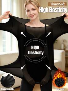 Women's Seamless Ultra-Thin Warm Long Sleeve Crew Neck Base Layer Top, Lightweight Autumn/Winter Layering Shirt - Black - View 1