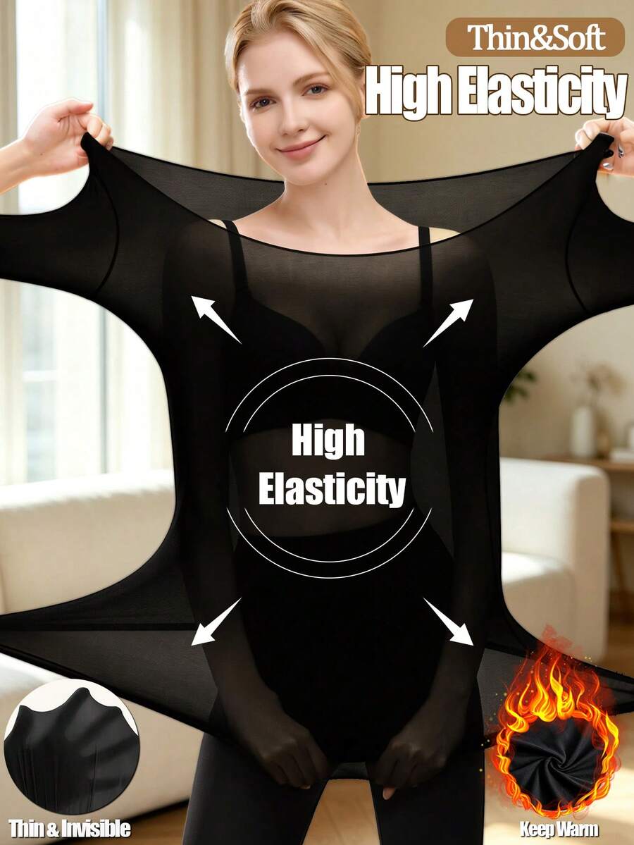 Women's Seamless Ultra-Thin Warm Long Sleeve Crew Neck Base Layer Top, Lightweight Autumn/Winter Layering Shirt - Black - View 1