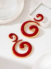 1Pair Exaggerated Chunky Swirl Metallic Dangle Earrings, Spiral Drop Earrings For Party - Red - View 6