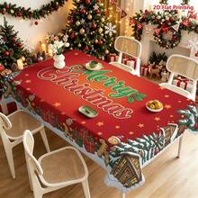 1件紅色背景聖誕主題桌布，裝飾有薑餅人、雪屋、松樹、鈴鐺、星星和「Merry Christmas」藝術文字，適用於廚房餐桌布置、餐廳裝飾、野餐露營、派對場景、農舍風點綴、桌面美化與節日氣氛營造 - 彩色 - 查看 5