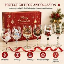 Christmas Wine Glass Collection, Holiday Wine Cups With Cute Christmas Sticker Designs, Festive Drinkware Set For Party, Dinner, Home Bar Decor - Multicolor - View 7