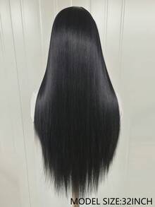 24'' Straight Long Black Synthetic Fiber Hairpiece With Free-Style Synthetic Lace Front Wig Cap, Suitable For Daily Wear, Halloween - Black - View 8