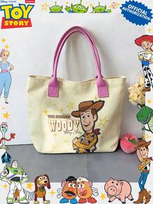 Miniso Disney Toy Story Sheriff Woody Canvas Tote Bag, Beige With Handle Shoulder Bag, Suitable For Daily Use - Pink - View 7