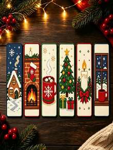 6pcs Christmas‑Themed Cross‑Stitch Bookmark Set, DIY Christmas Bookmark Kit, Medium‑Grid Three‑Strand Embroidery Thread, Christmas Tree, Bell, And Fireplace Pattern - Multiple Styles - View 1