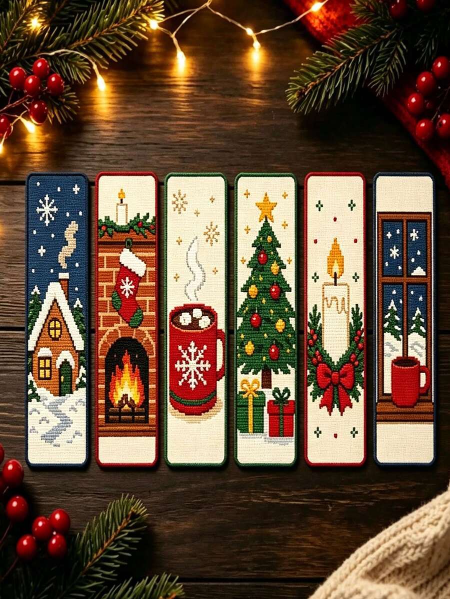 6pcs Christmas‑Themed Cross‑Stitch Bookmark Set, DIY Christmas Bookmark Kit, Medium‑Grid Three‑Strand Embroidery Thread, Christmas Tree, Bell, And Fireplace Pattern - Multiple Styles - View 1