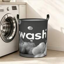 Black Washed Letter Bubble Print Cylindrical Laundry Basket, Portable Foldable Storage Bin, Large-Capacity Dirty Clothes And Toy Storage Box, For Laundry Room, Bedroom, Bathroom, Dorm, Closet, Sturdy Handles, Space-Saving Design - Grey - View 3