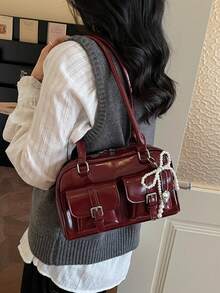 1pc Solid Color Multi-Pocket Zipper Women's Bag, Fashionable Multi-Functional PU Material Shoulder Bag, Suitable For Women's Daily Commute - Red - View 2