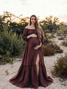 Bump Style Bohemian Maternity Cold Shoulder Dress, Bishop Sleeves, Ruffle Hem, Long Woven Fabric Dress, Suitable For Photography - Coffee Brown - View 7