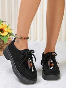 Autumn New Suede Round Toe Women's Beaded Tassel Design Thick Sole Chunky Heel Lace-Up Commuter Casual Shoes - Black - View 2