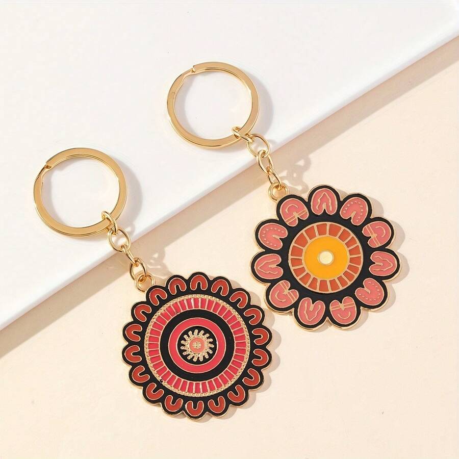 1Pc Circular Flower Alloy Keychain, Retro Pattern Bag Charm, Backpack Car Key Accessory, Daily Birthday Gift - Multicolor - View 1