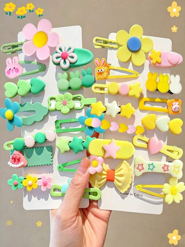 14/28pcs Fresh Sweet Girl Style Cartoon Cute Hair Clips, Suitable For Girls. Flower/Rabbit/Star/Heart/Bow Multi-Style Design, Non-Damaging Hair Accessories, Bangs Clips Side Clips Flyaway Clips, Versatile Daily Accessories