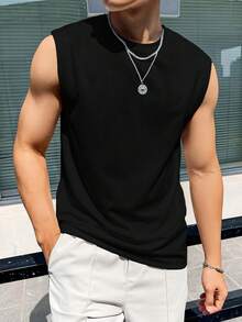 Men's Solid Color Crew Neck Casual Versatile Tank Top - Black - View 2