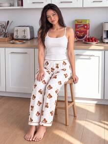 Solid Color Camisole Top And Textured Jacquard Bear Print Long Pants Loungewear Pajama Set - White - View 3